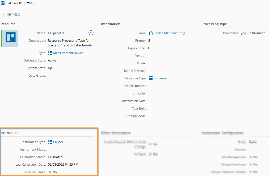 Screenshot showing the calibrated caliper instrument resource configuration.