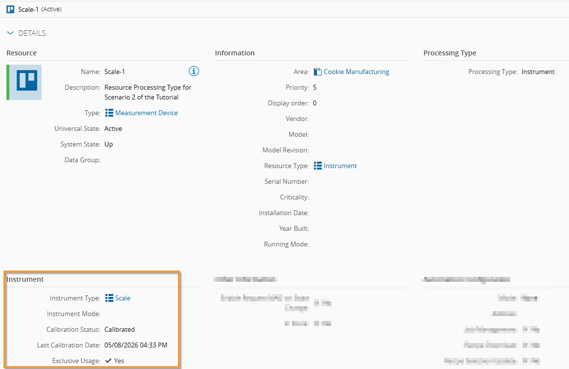 Screenshot showing the exclusive-usage scale instrument resource configuration.
