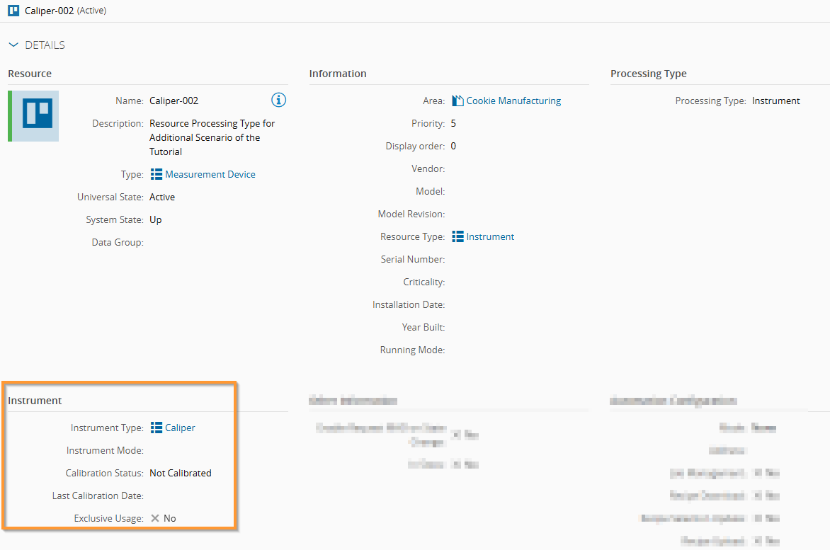 Screenshot showing the not-calibrated caliper instrument resource configuration.