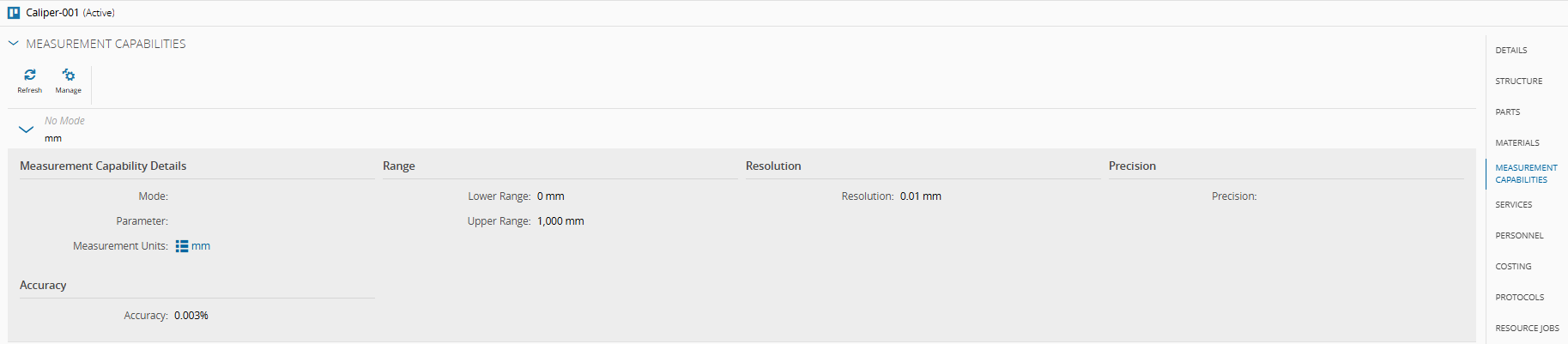 Screenshot showing the measurement capabilities configured for Caliper-001.