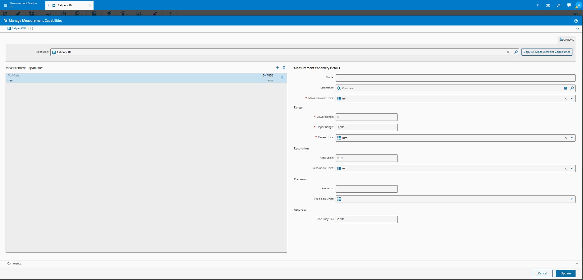 Screenshot showing the copied measurement capabilities on Caliper-002.