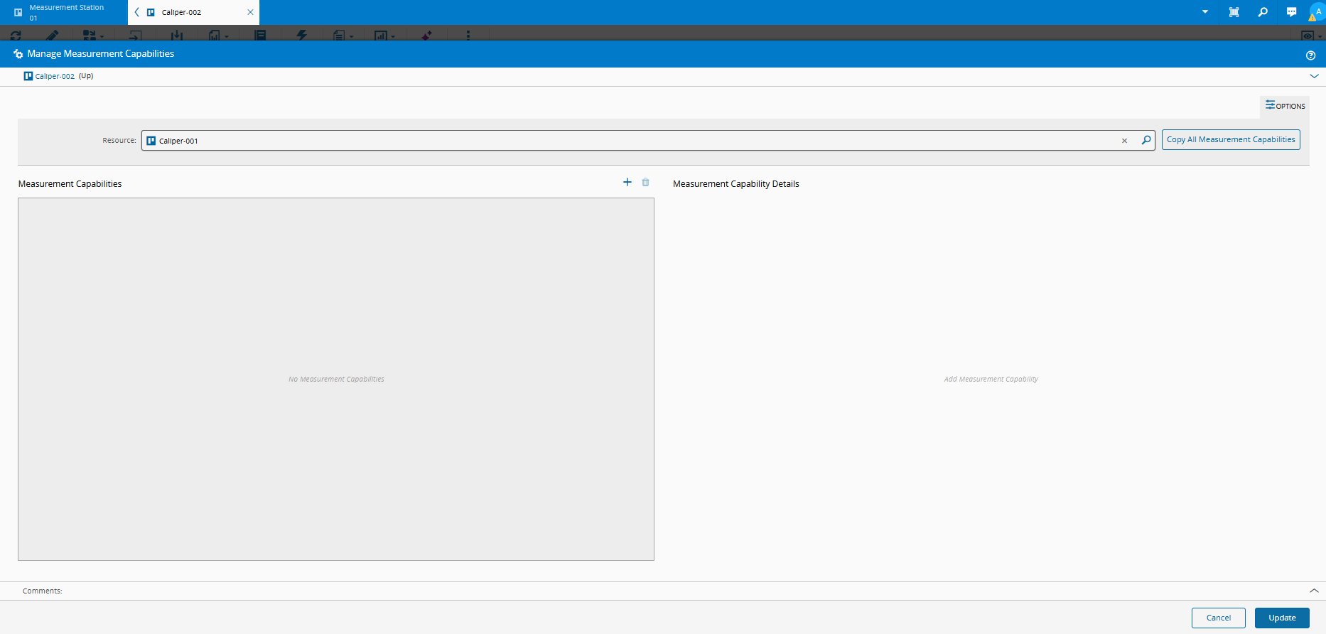 Screenshot showing Caliper-001 selected as the source for copied measurement capabilities.