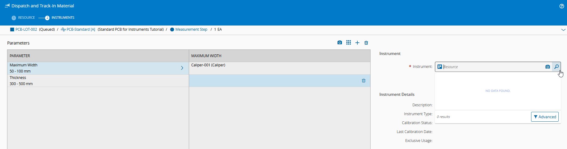 Screenshot showing the instrument lookup without Caliper-002 when it is not calibrated.