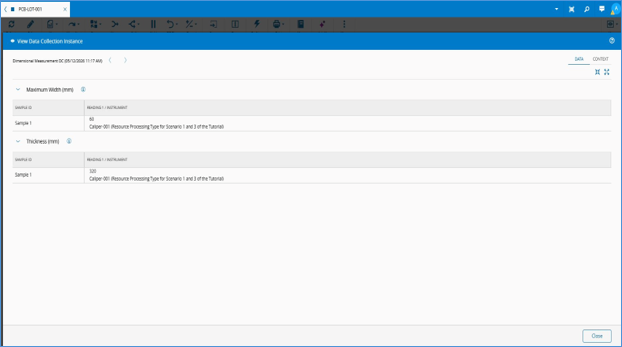 Screenshot showing the data collection instance with Caliper-001 stored on each reading.