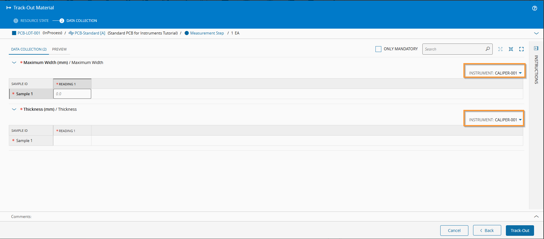 Screenshot showing the Track-Out data collection step where the operator selects the instrument.