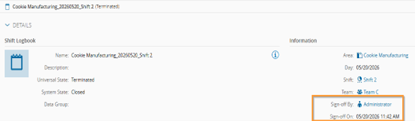 Shift Logbook details with Sign-Off fields
