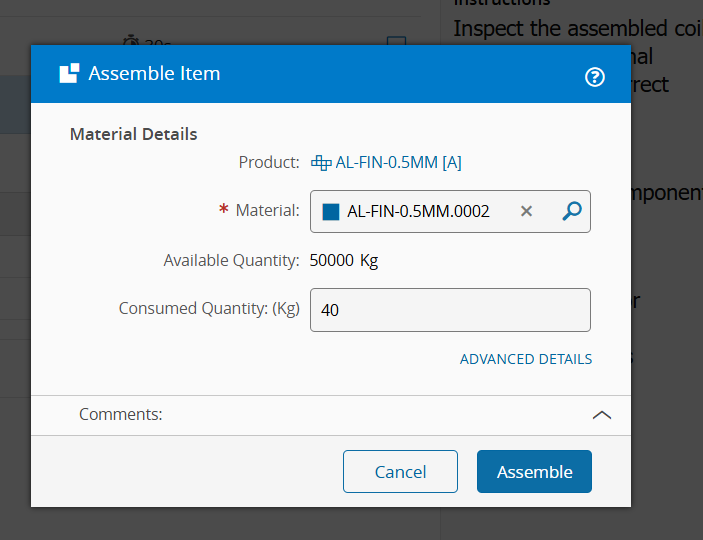 Assemble Material prompt with material selection, quantity, and advanced options.