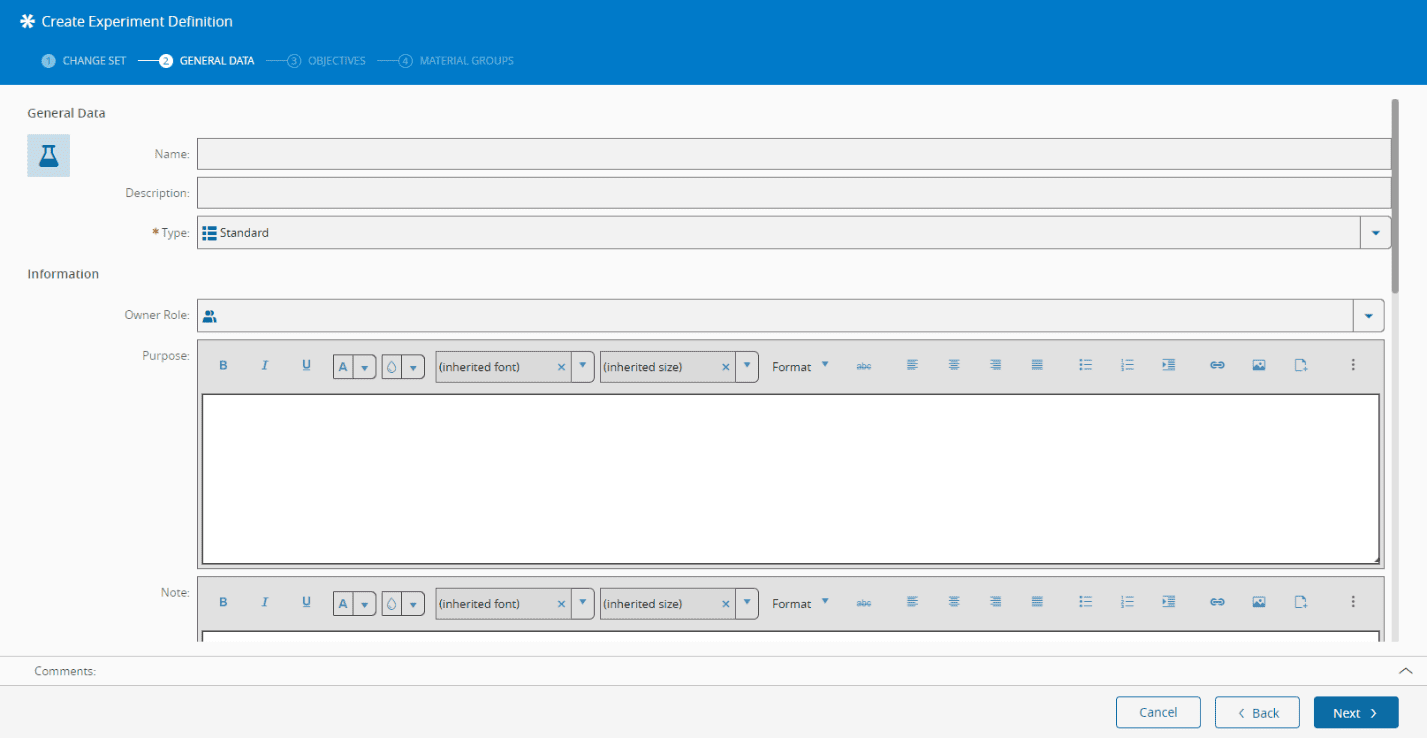 Experiment Definition creation General Data wizard step