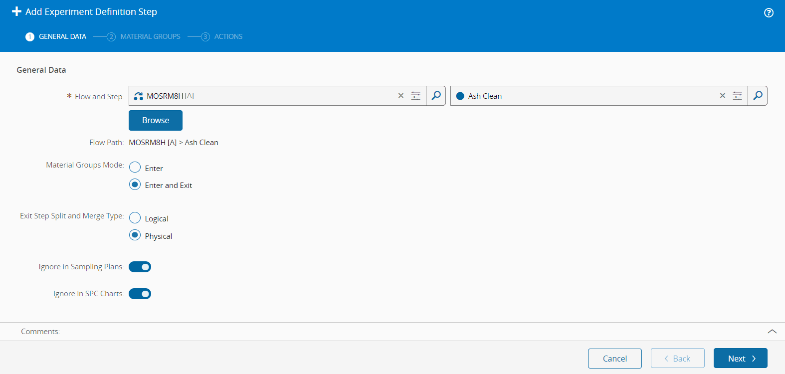 Experiment Definition Steps page