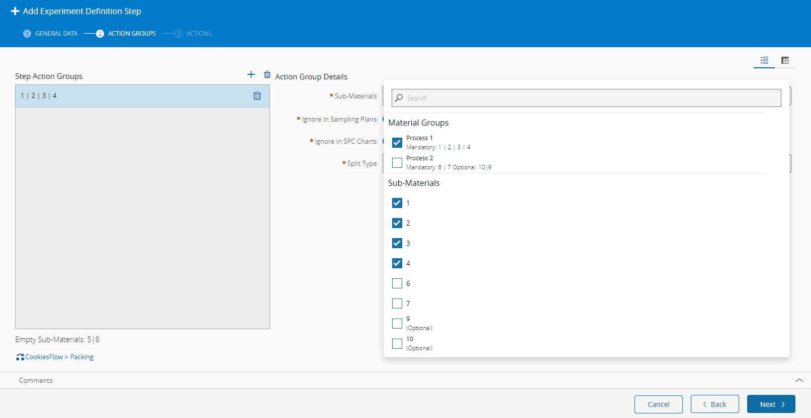 Material Groups definition page - sub-material selection