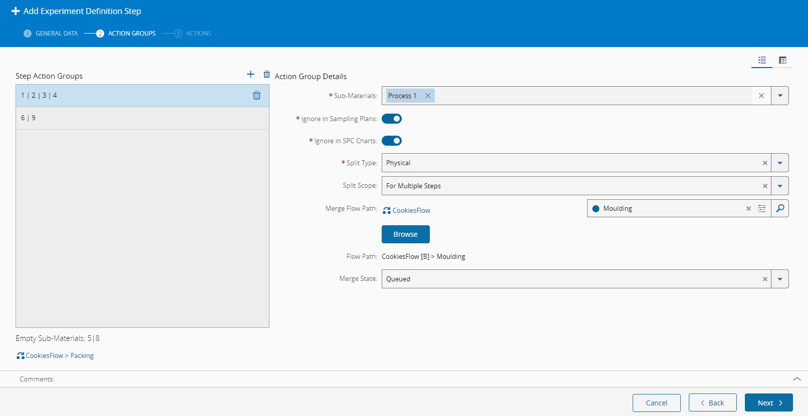 Material Groups definition page - split type selection