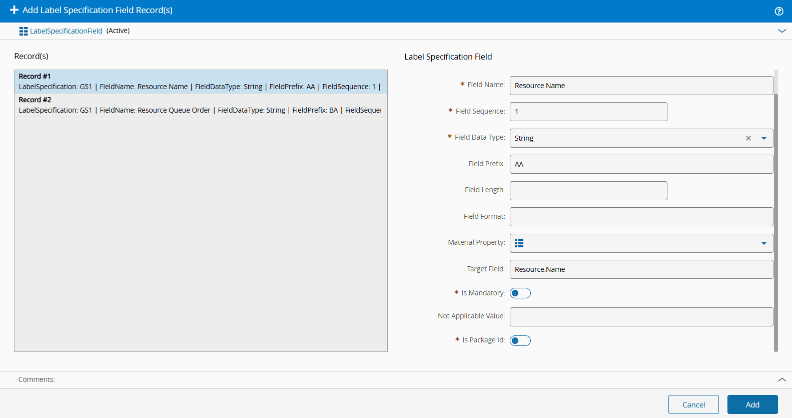 Add label specification field to use smart barcode scanning in the dispatch material wizard