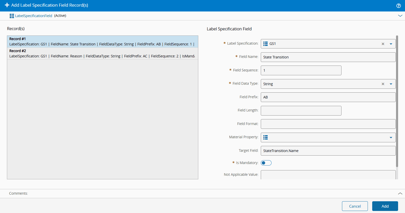 Add label specification field to use smart barcode scanning in the track-in material wizard