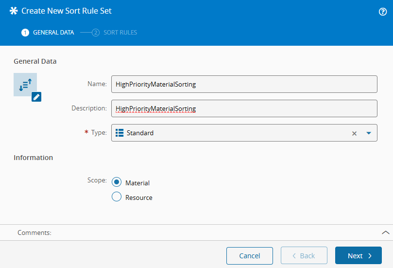 Screenshot showing the general data step when creating a sort rule set.