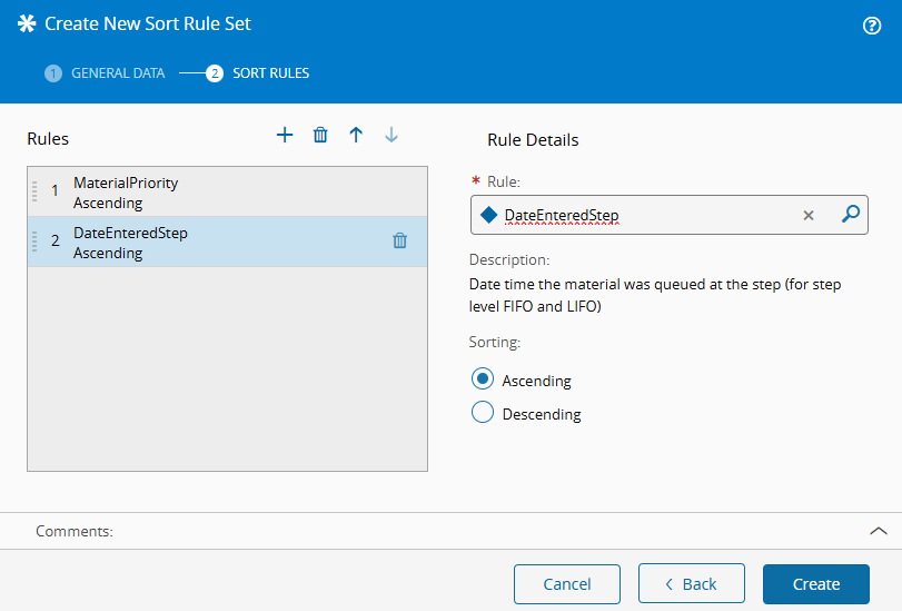 Screenshot showing the sort rule list and ordering controls in the sort rule set wizard.