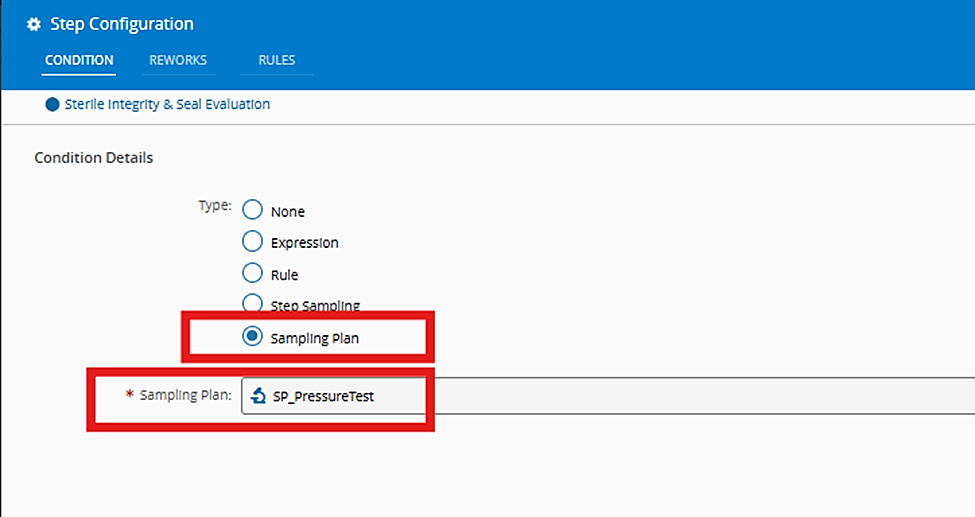 Screenshot showing the Sampling Plan condition applied in the flow.