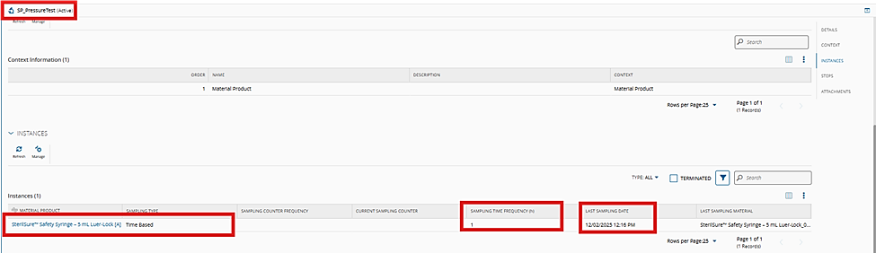 Screenshot showing Sampling Plan instances for the configured context.