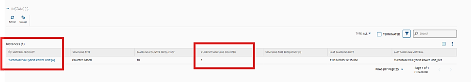 Screenshot showing the current sampling counter in the Sampling Plan instance.