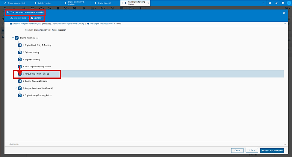 Screenshot showing the material routed to the inspection step when the counter threshold is reached.