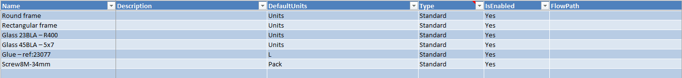 Exported Excel worksheet with materials