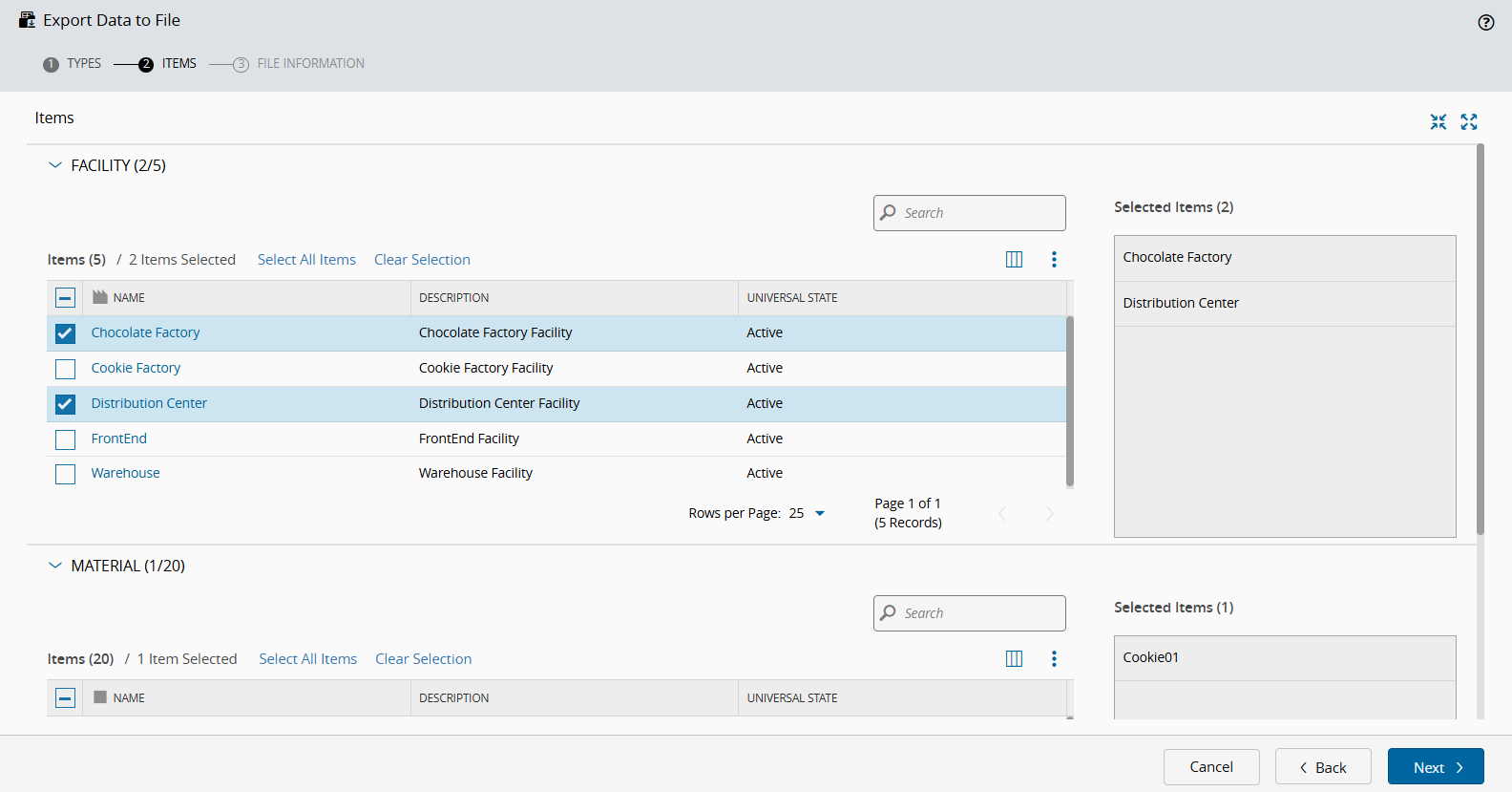 Items step with the instances of the selected types