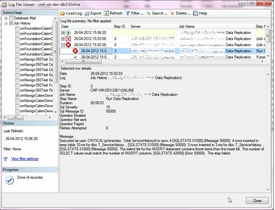 Error message in Log File Viewer