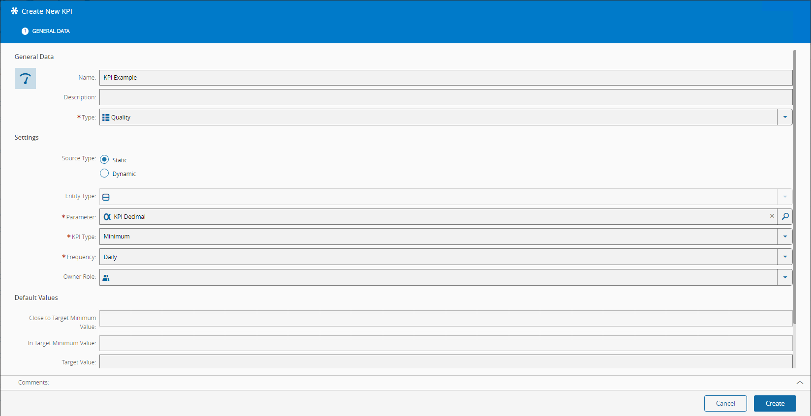 Static KPI creation page