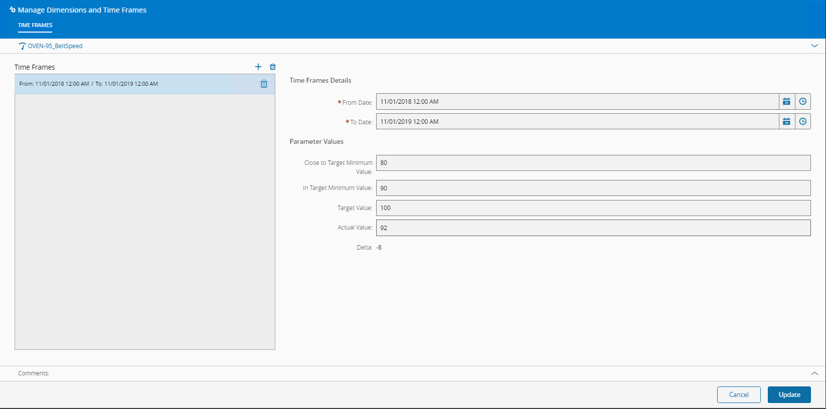 Time frames management page