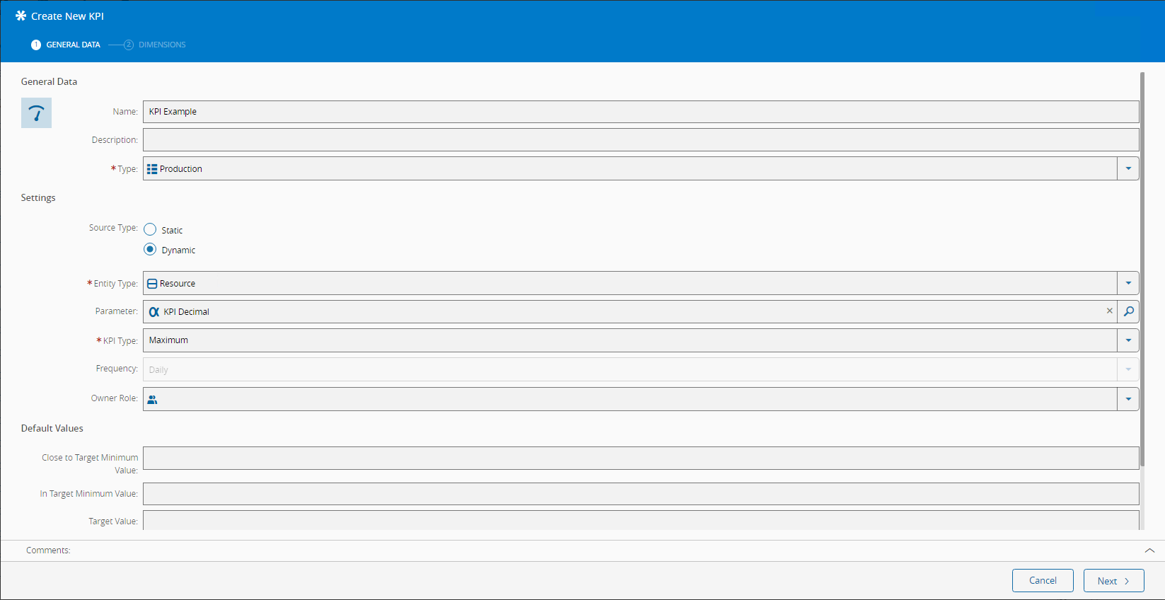 Dynamic KPI creation page