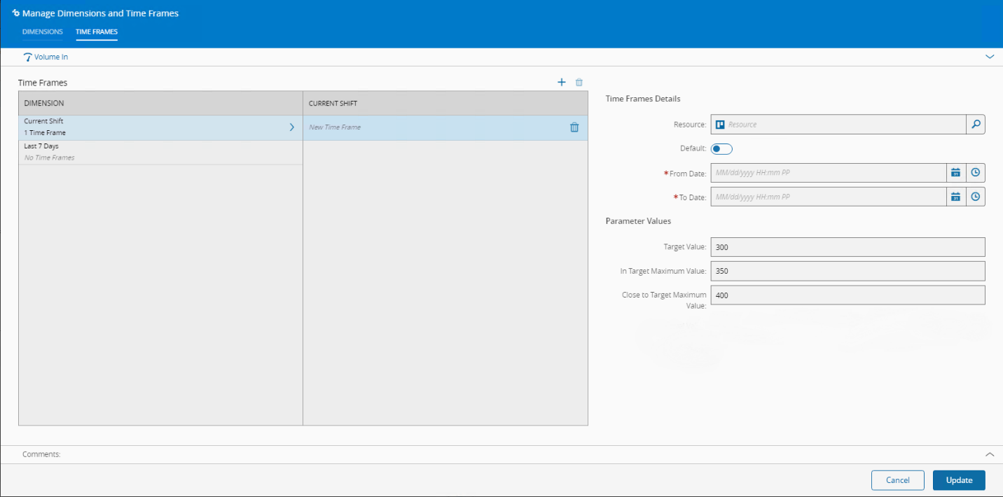 Dynamic KPI Time frames management page