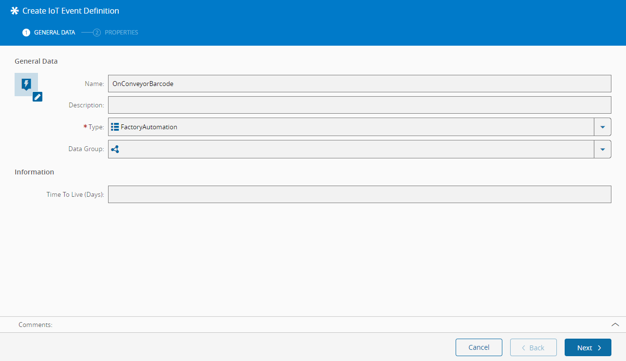IoT Event Definition - General settings
