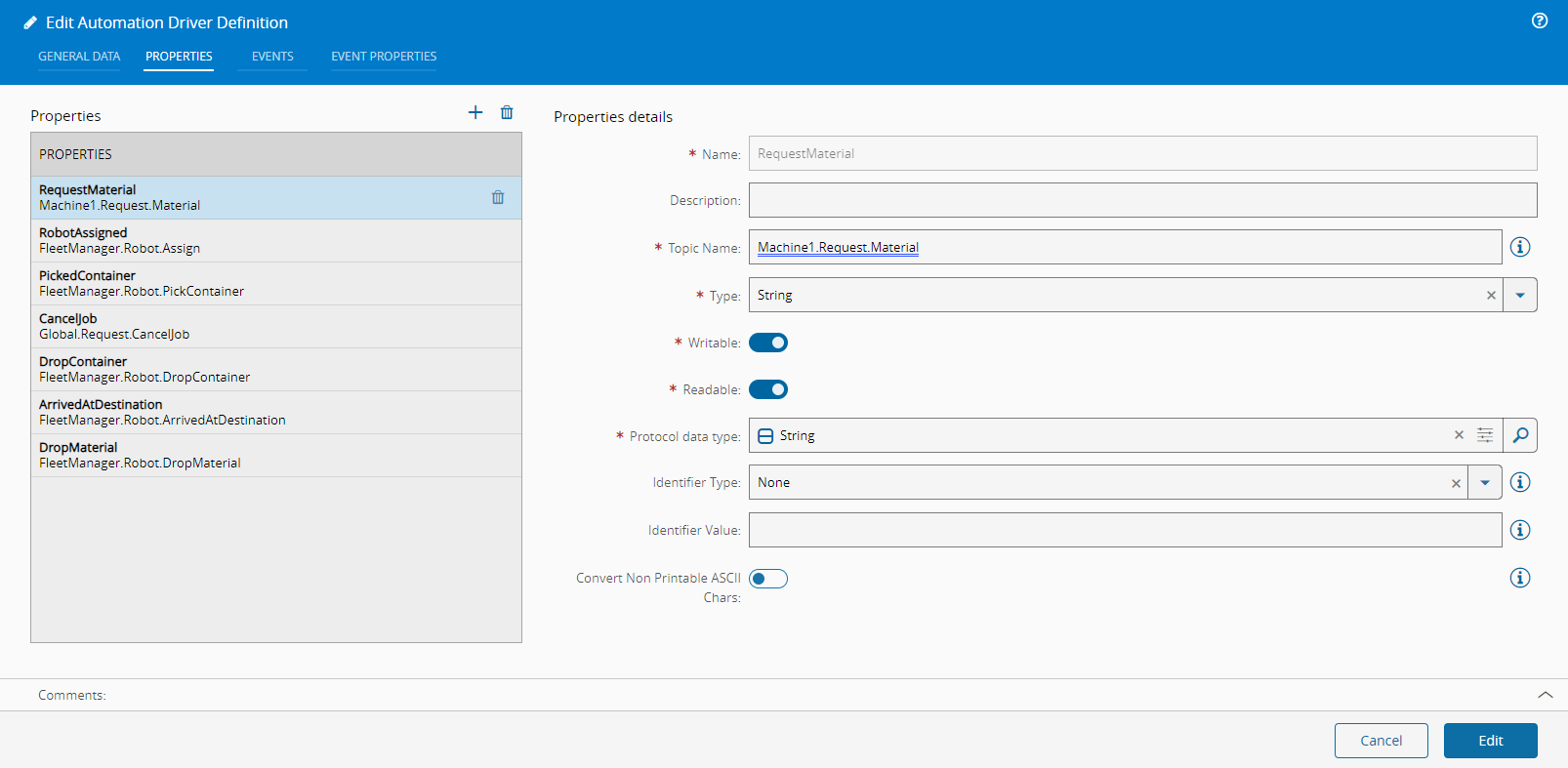 Fleet-Manager-RawMaterial - DriverDefinition - Properties