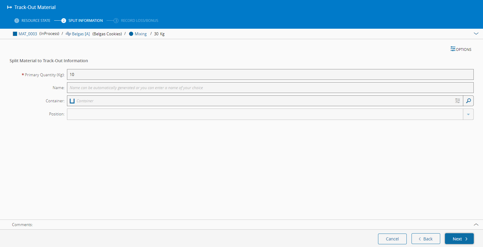 Default settings for Partial Track-Out