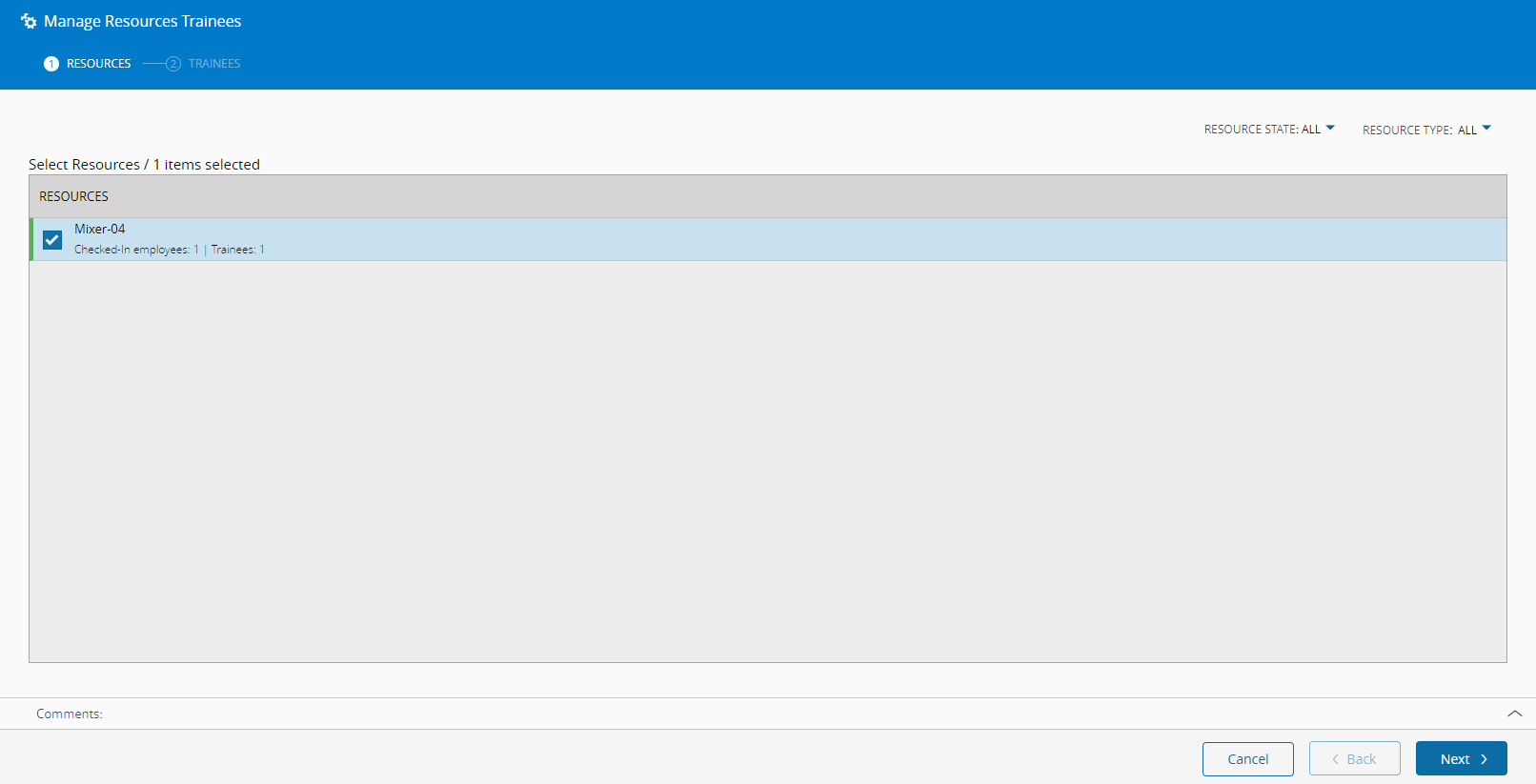 Manage Resource Trainees - Select Resource