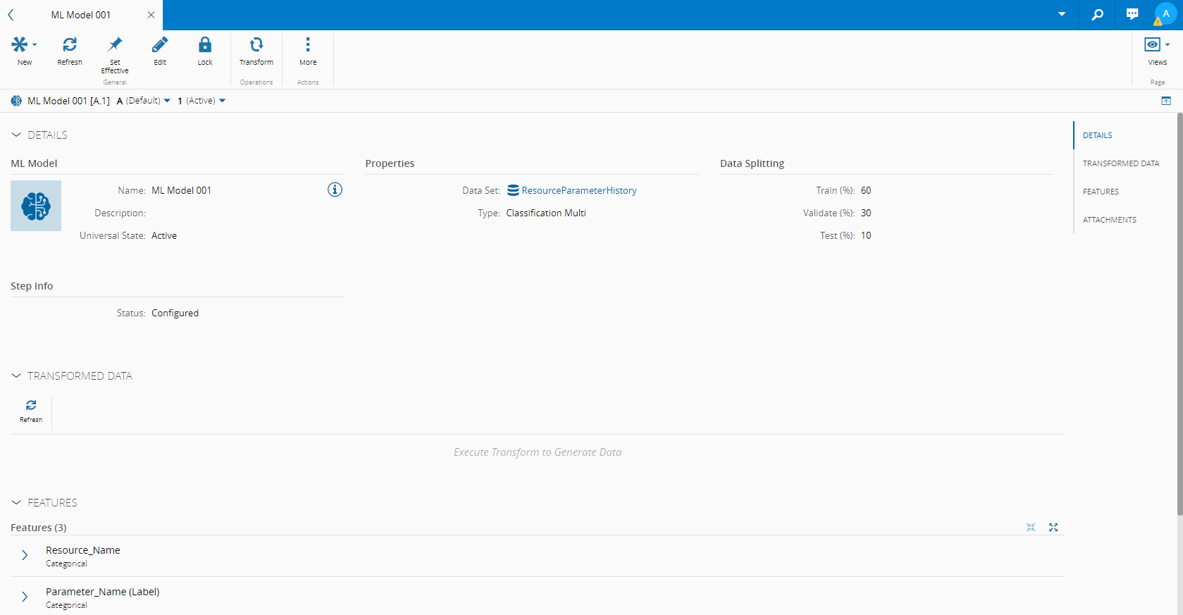 Main view of the ML Model page