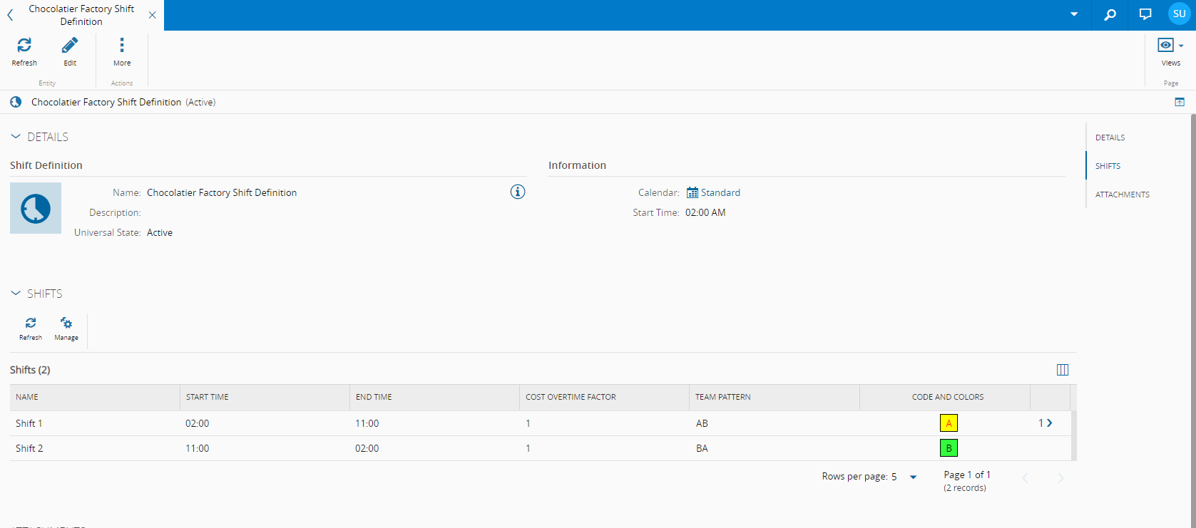 Main view of the Shift Definition page