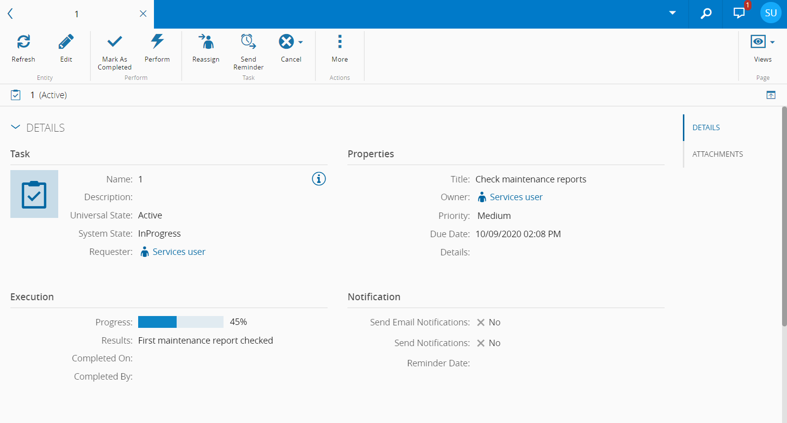 Main view of the Task page