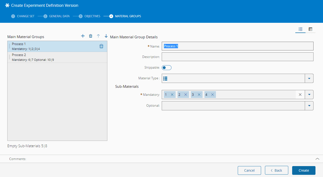Experiment Definition creation Material Groups wizard step