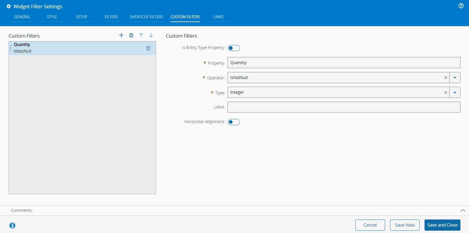 filter custom filters tab