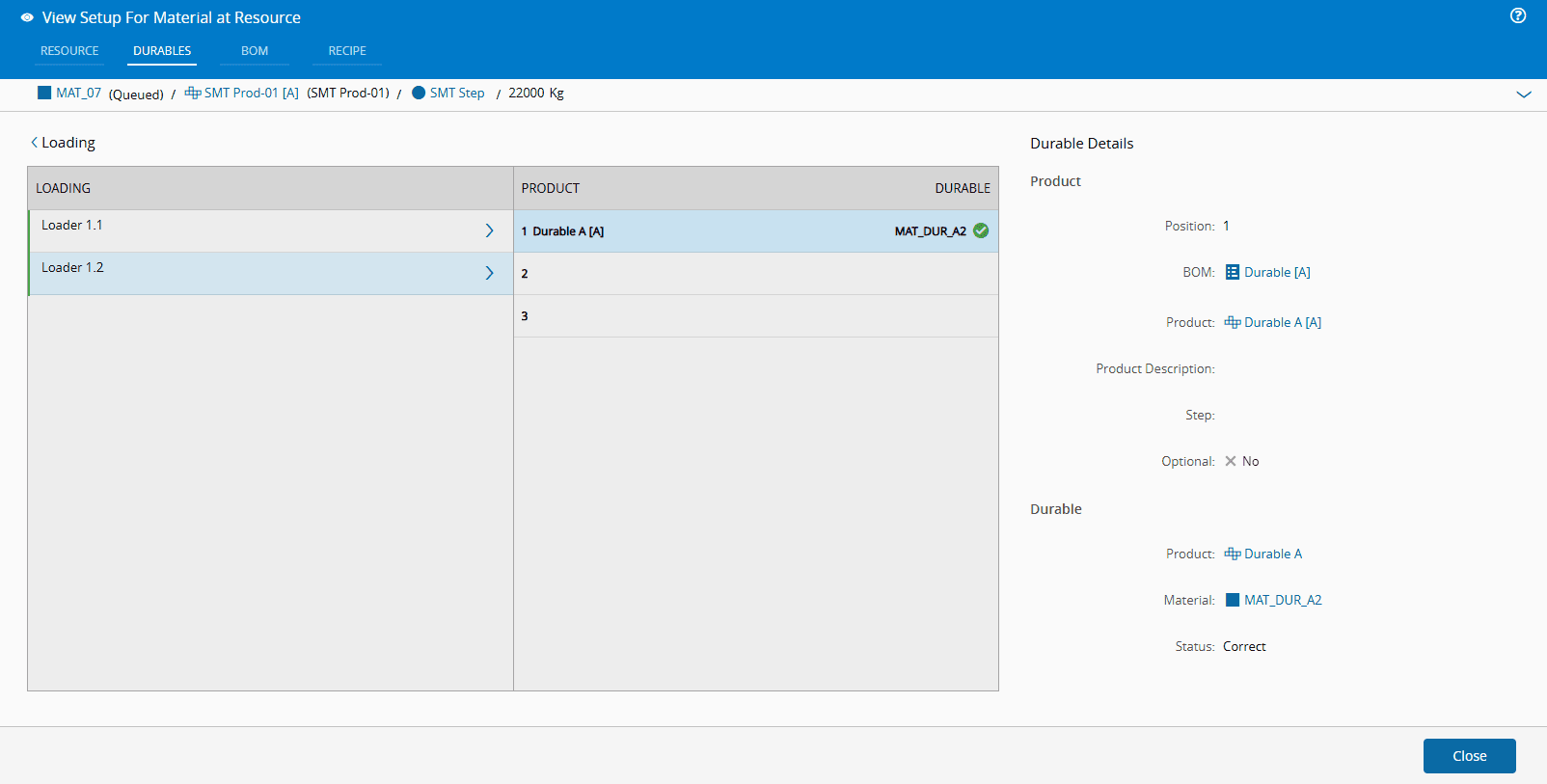 View Setup for Material at Resource