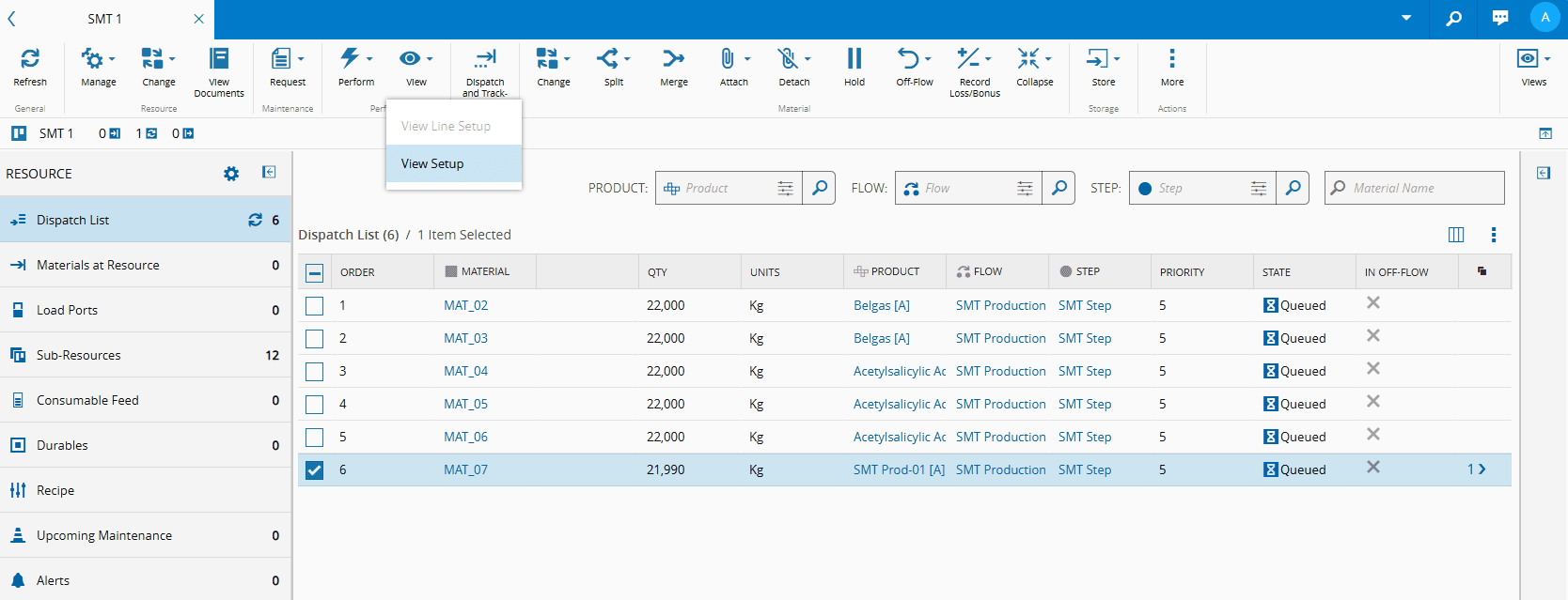 View Setup for Material at Resource