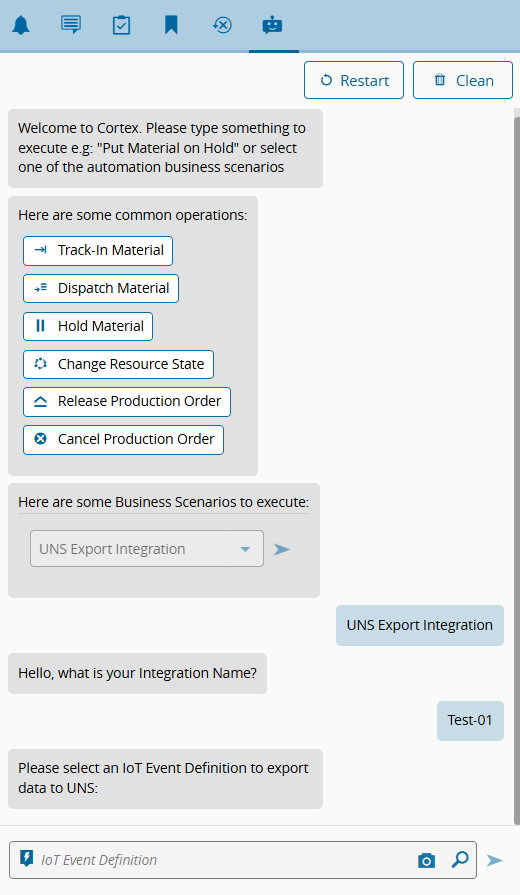 Selecting name for UNS Export Integration in Cortex
