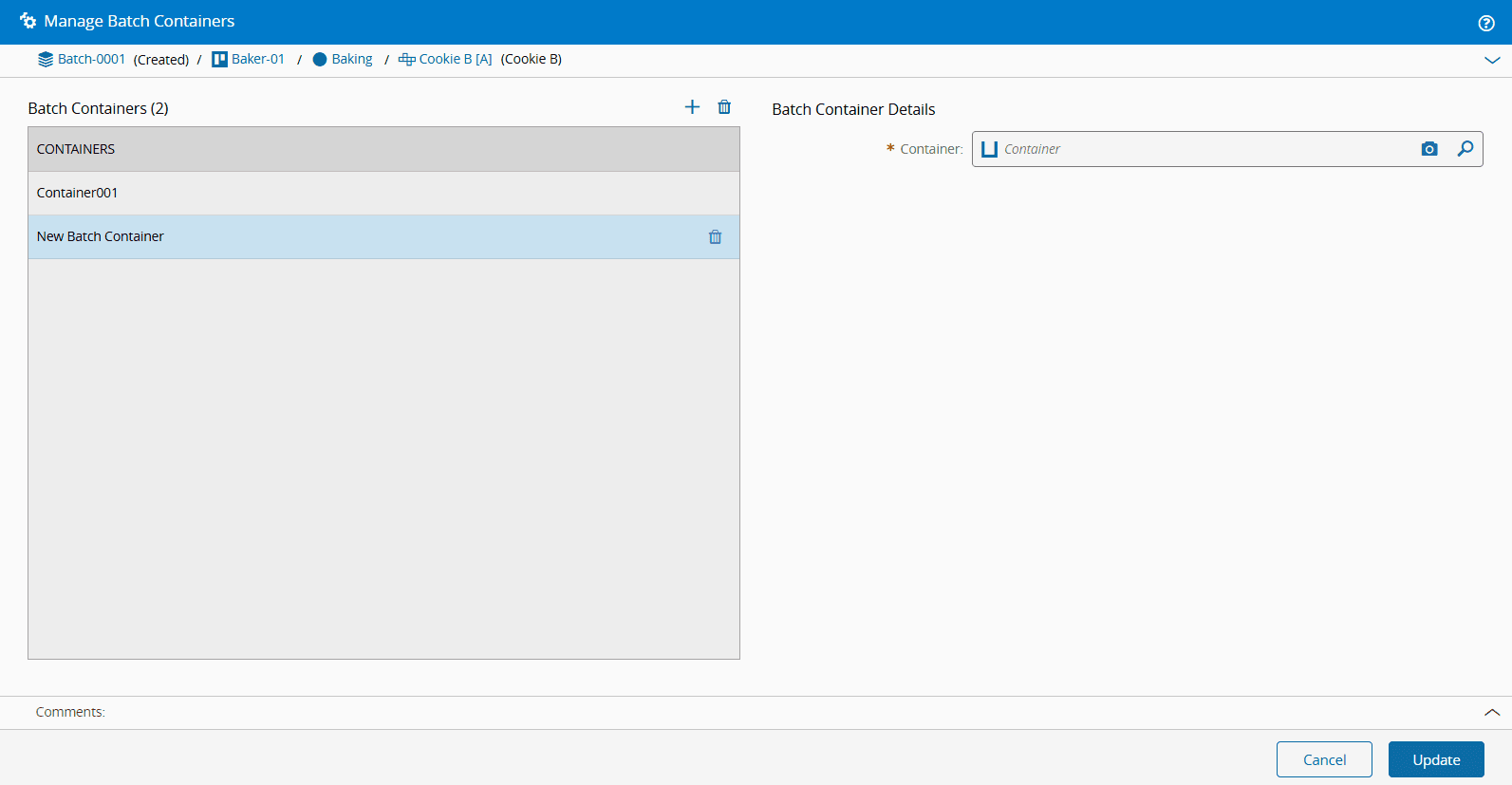 Screenshot showing the Manage Batch Containers interface.