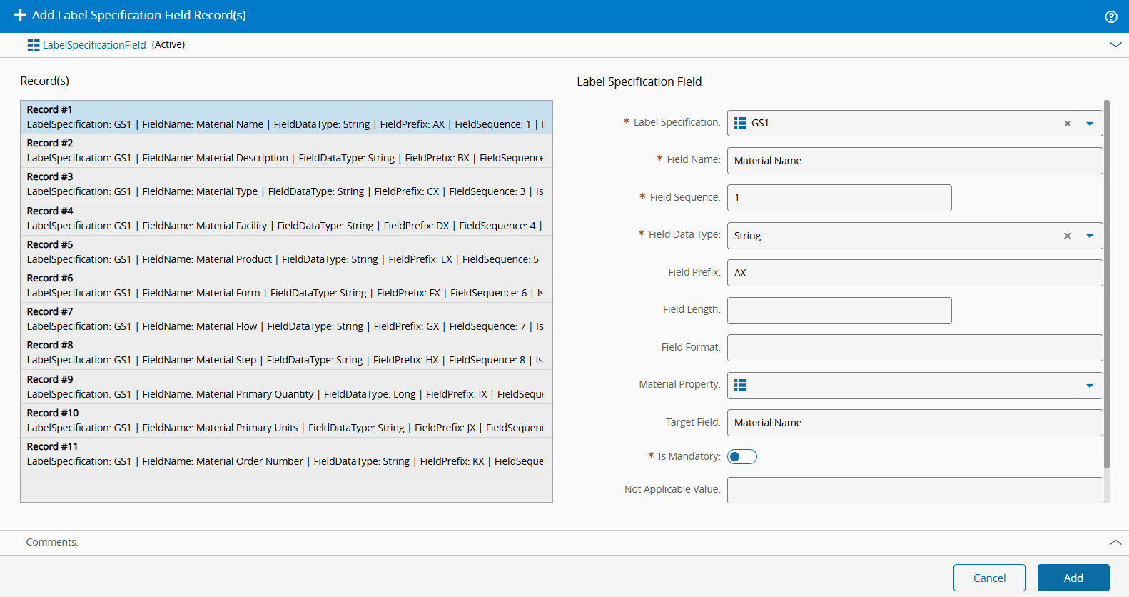 Add label specification field to use smart barcode scanning in the create material wizard