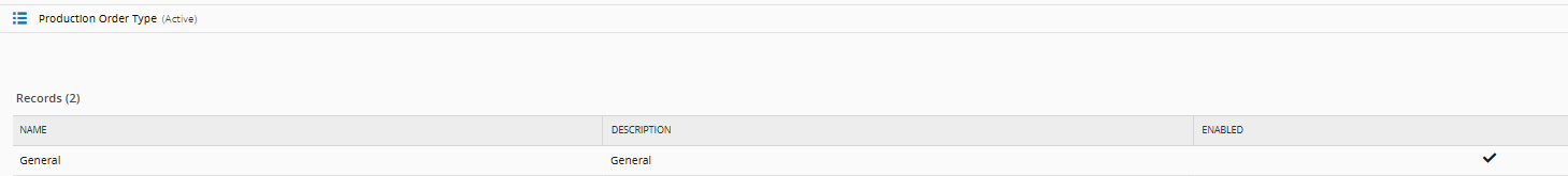 Screenshot showing a lookup table with production order types listed.