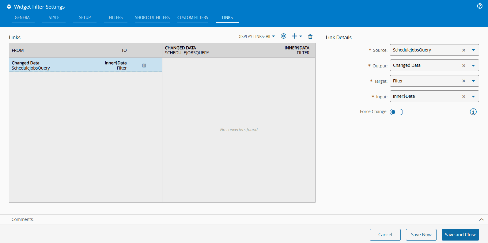 Screenshot showing a link between a Filter widget and a Query in a data management interface.