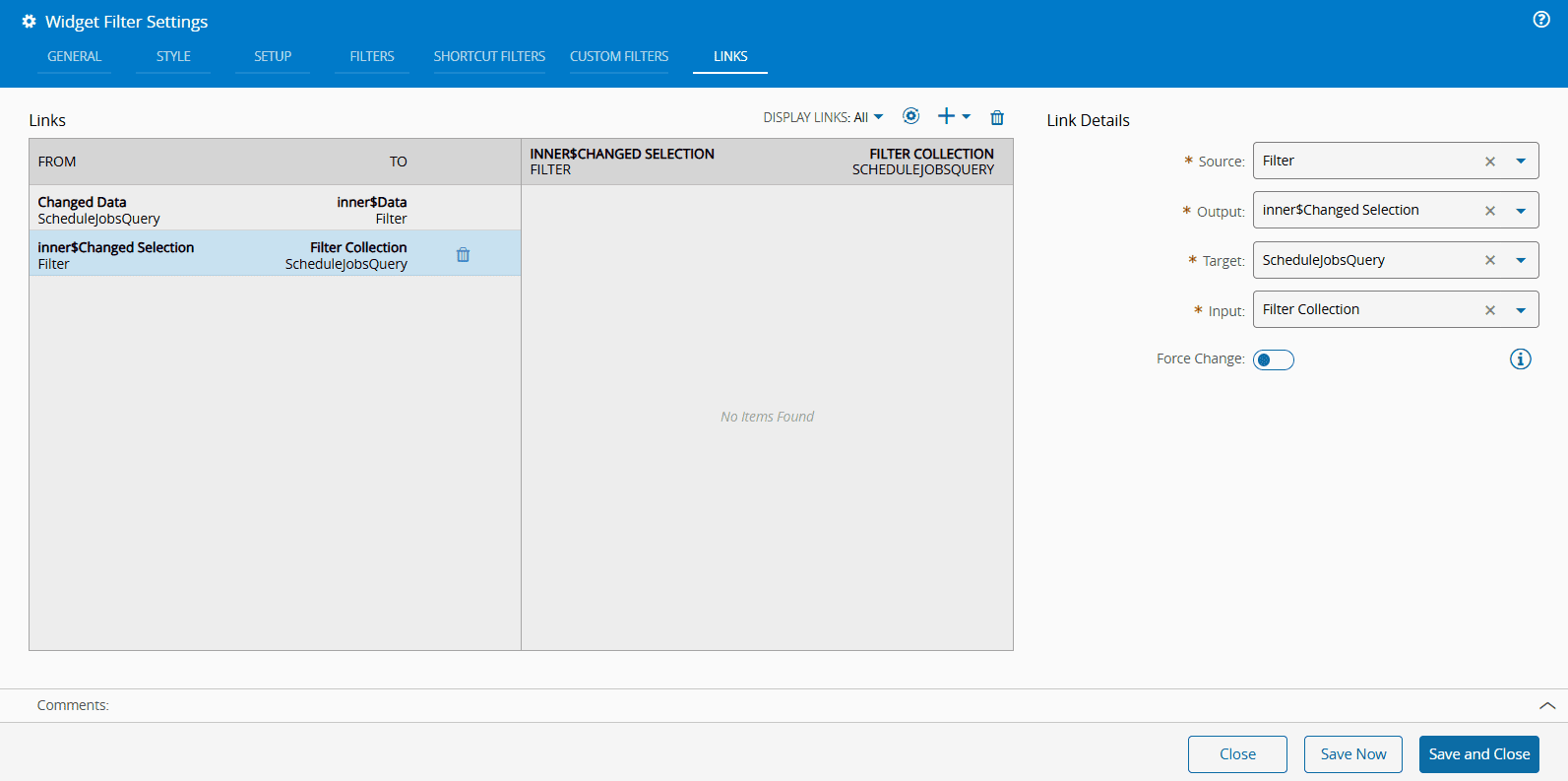 Screenshot showing a Wadget Fitter settings page with links and filters setup for linking to a Query task.