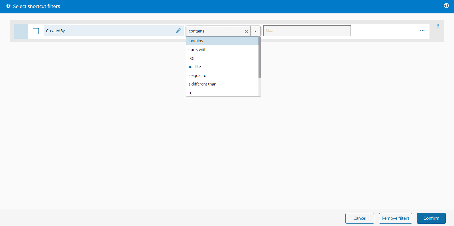 filter shortcut filters tab