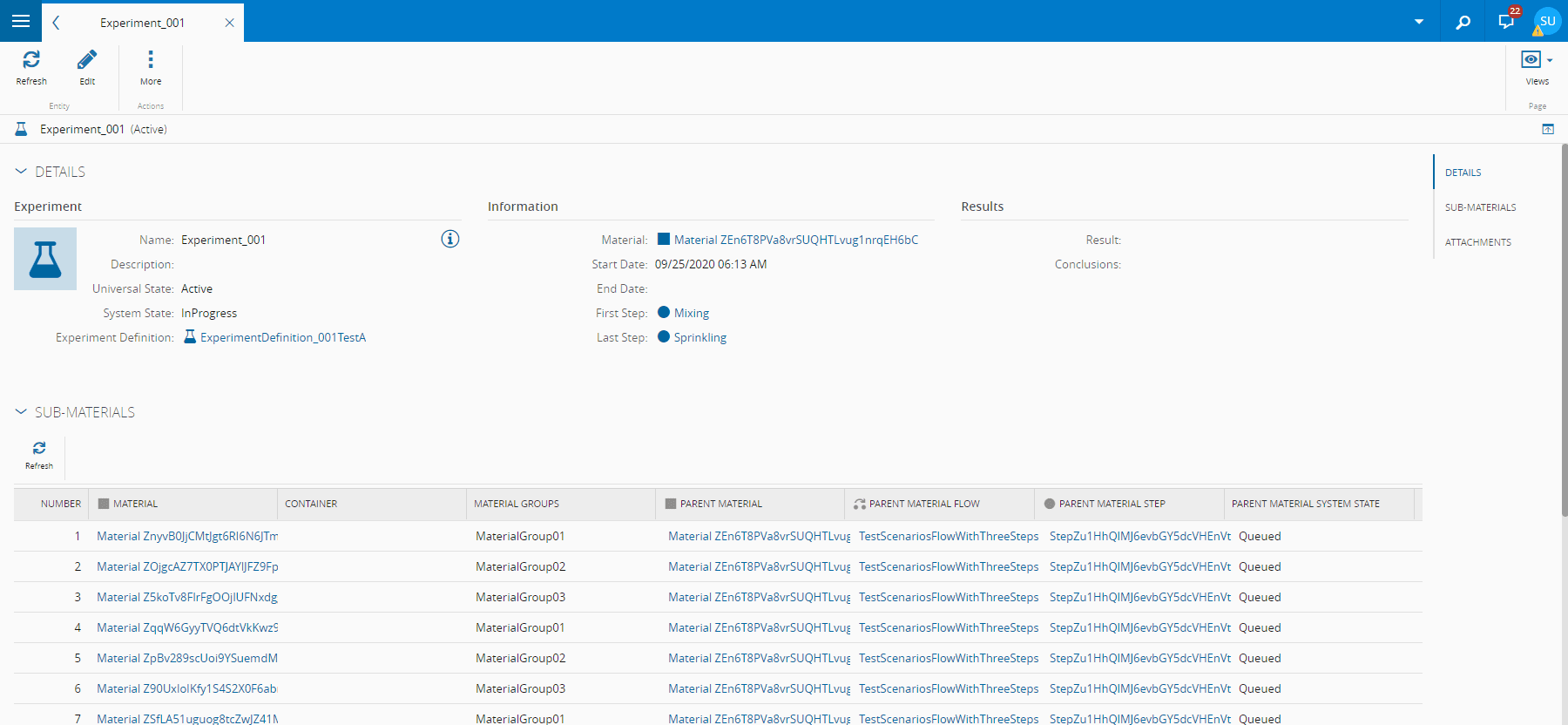 Screenshot showing a list of sub-materials on an experiment page.