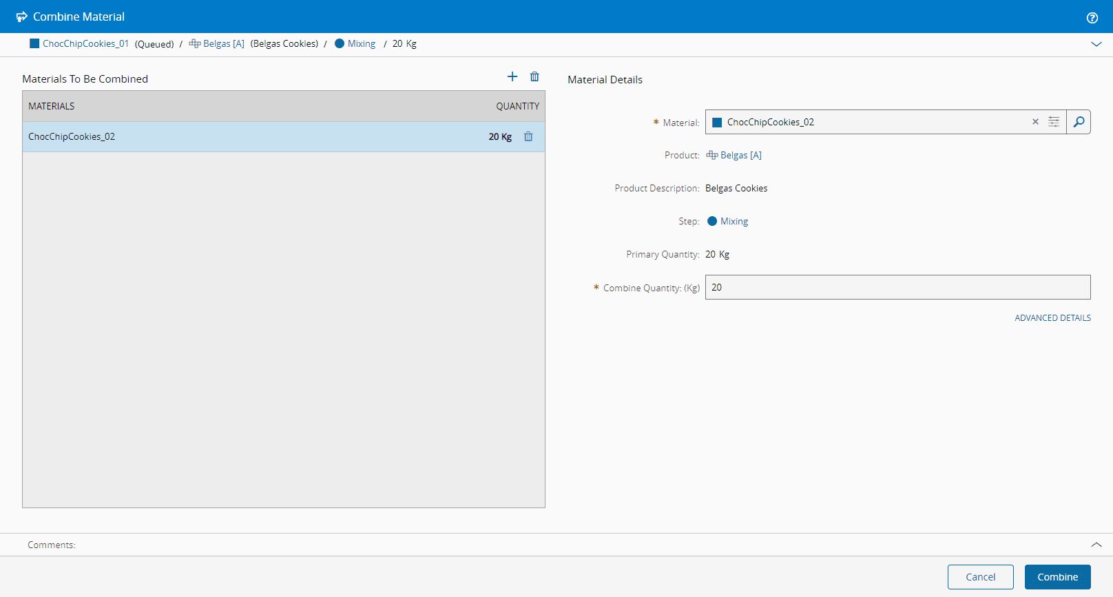 Screenshot showing a UI element labeled "Combine" in the context of combining materials.